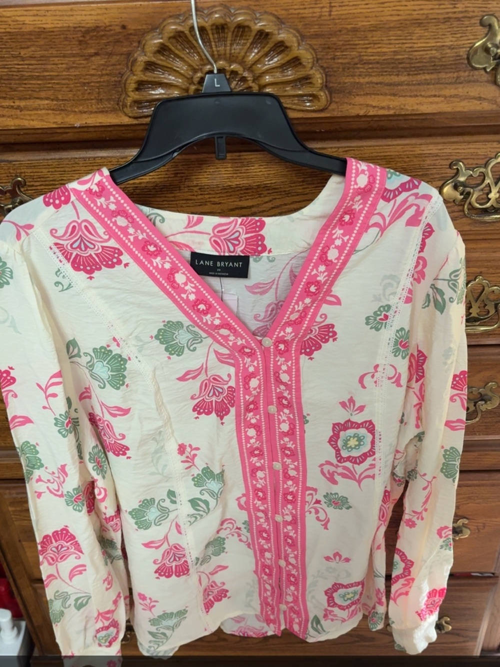 Lane Bryant Cream Blouse with Pink & Green Floral Print